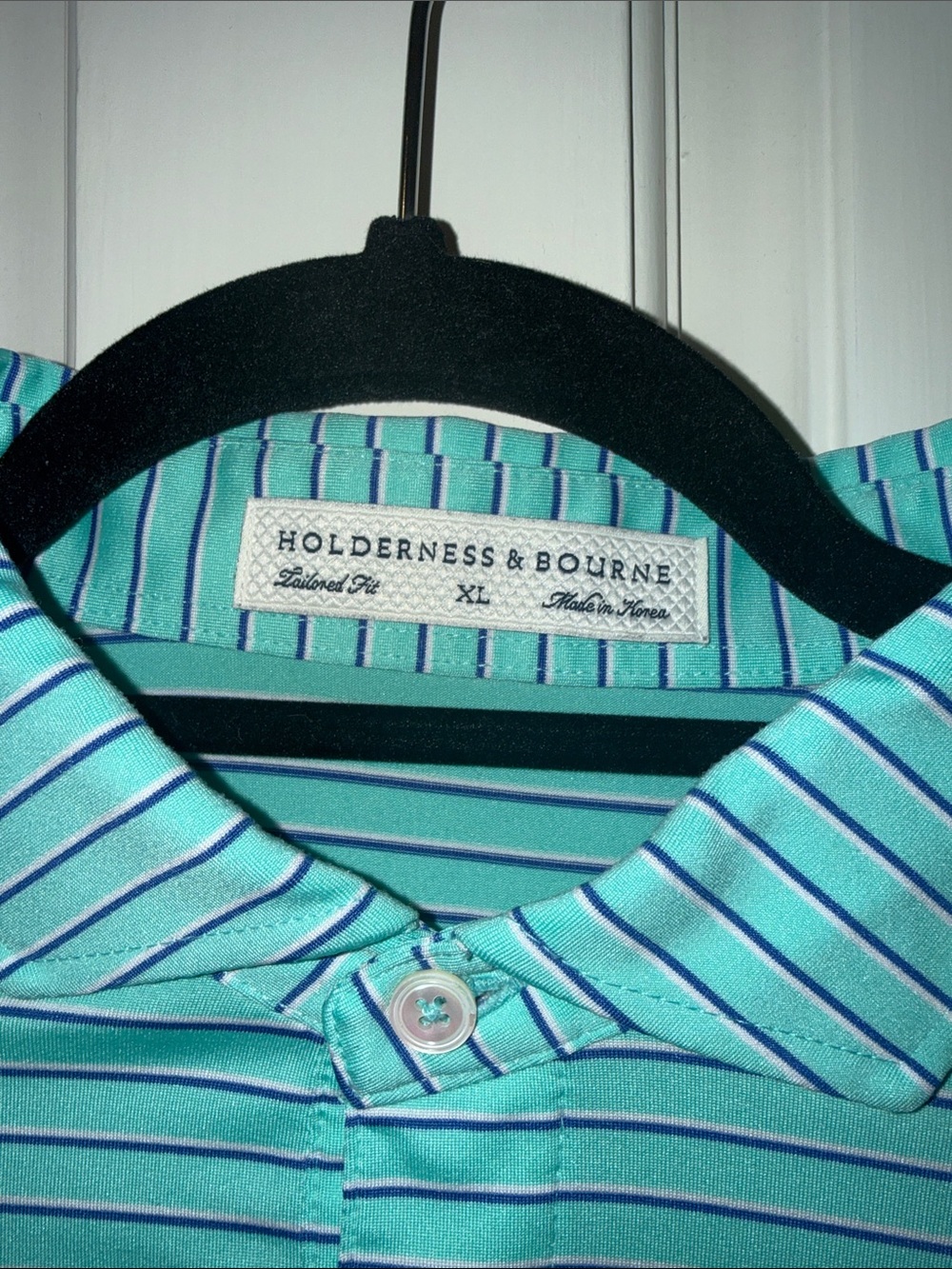Holderness & Bourne Men's Light Aqua Striped Polo with Embroidered Acorn Logo - Picture 2 of 4